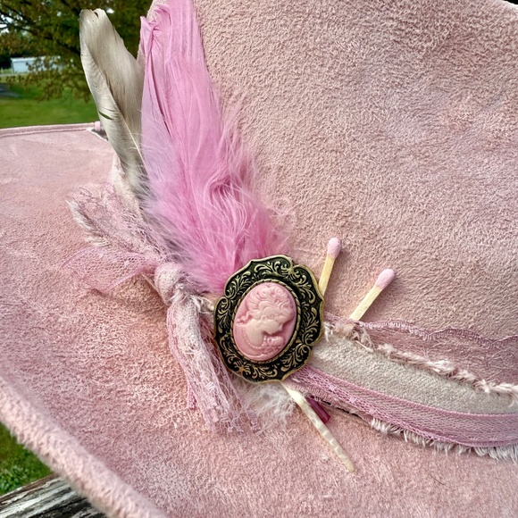 Pink Heart Shaped Cowboy Hat with Attached Cowhide, Hand Burned - Picture 5 of 5